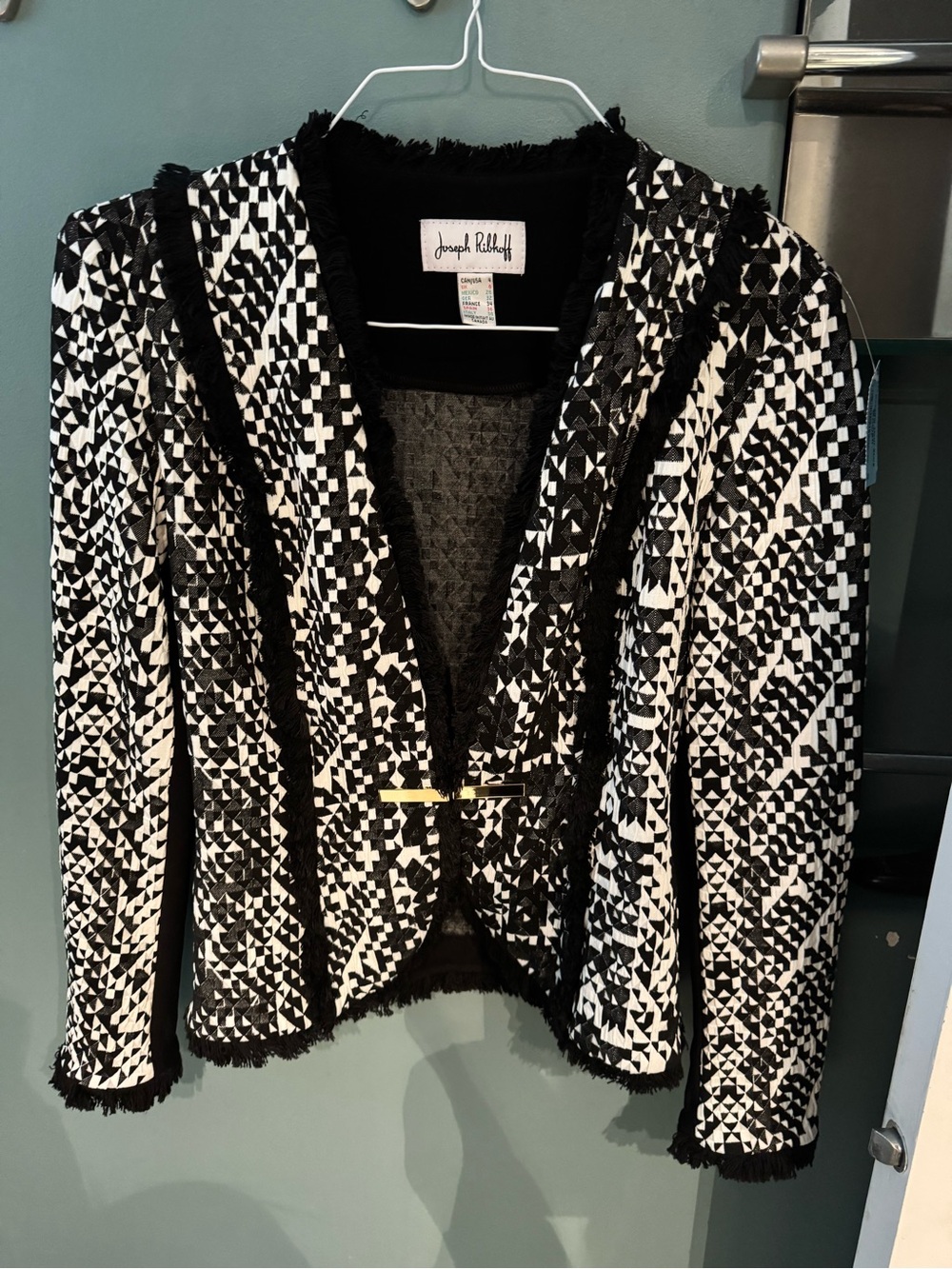 Joseph Ribkoff Black and White Textured Fringe Jacket with Gold Accent